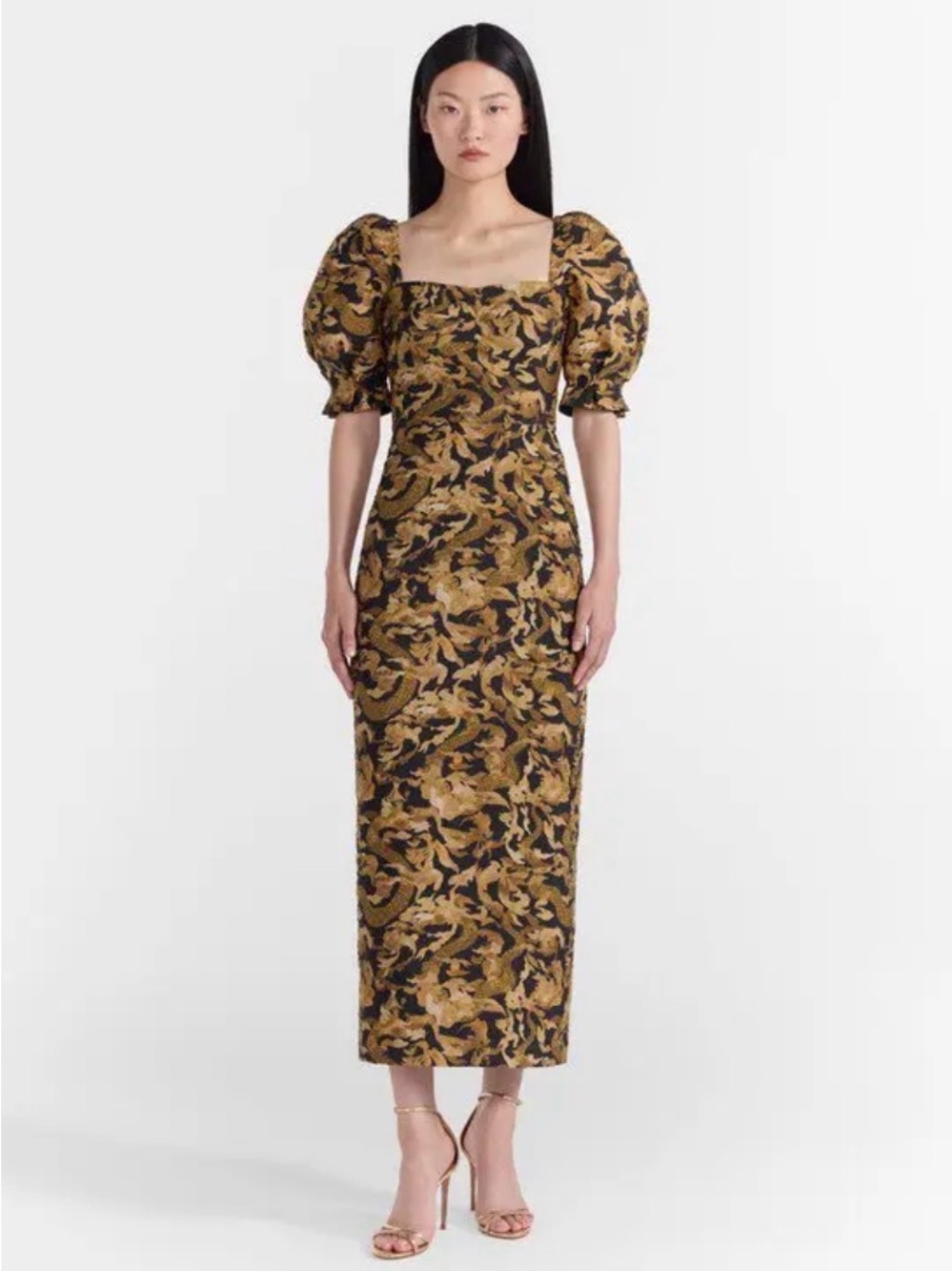 EUC Saloni Rachel-E Size 6 Square-Neck Puff Sleeve Midi Dress in Black and Gold